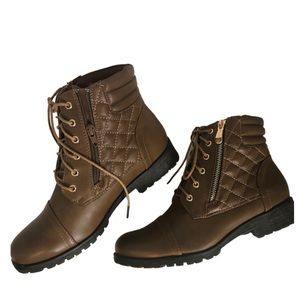 BESTON Ankle Boots Quilted Lace Up Zip Brown NWOT